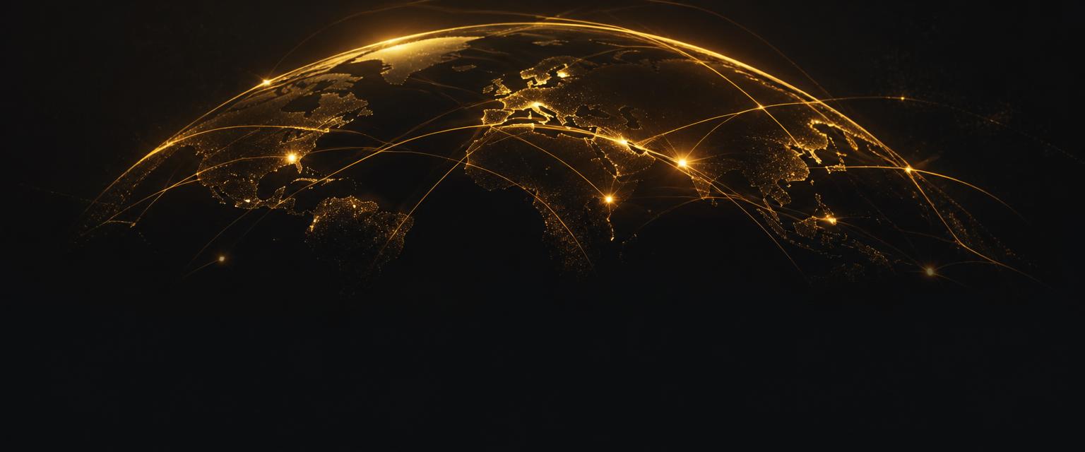 A luminous network globe with flowing golden data ribbons