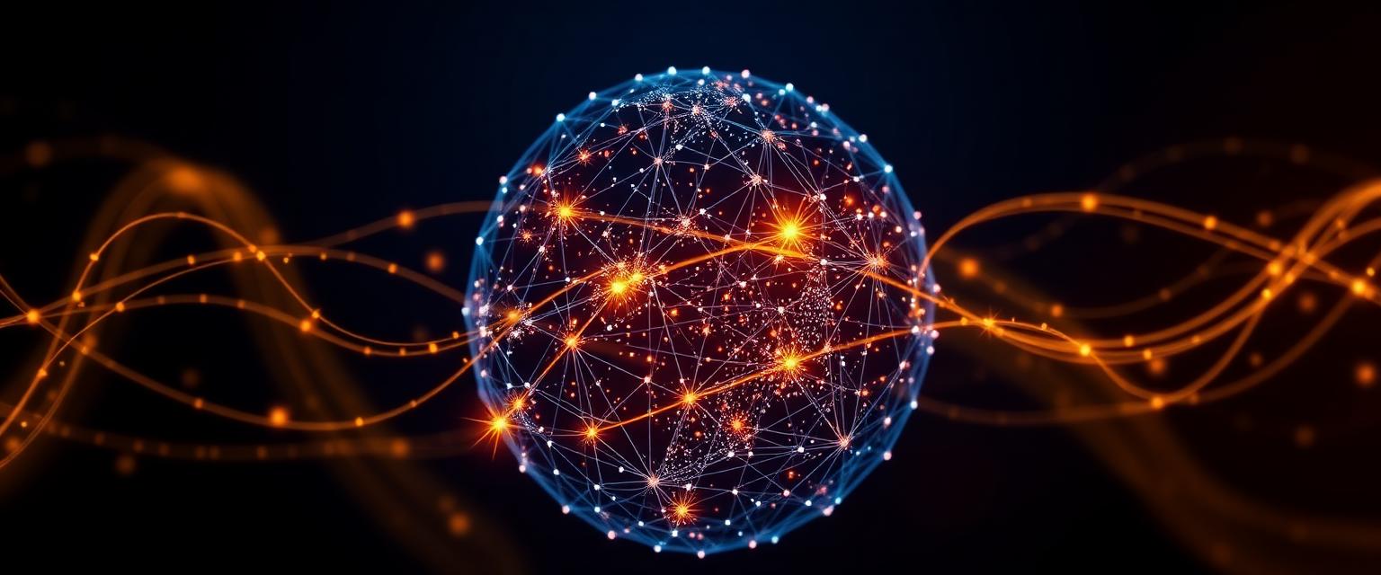 A luminous network globe with flowing golden data ribbons