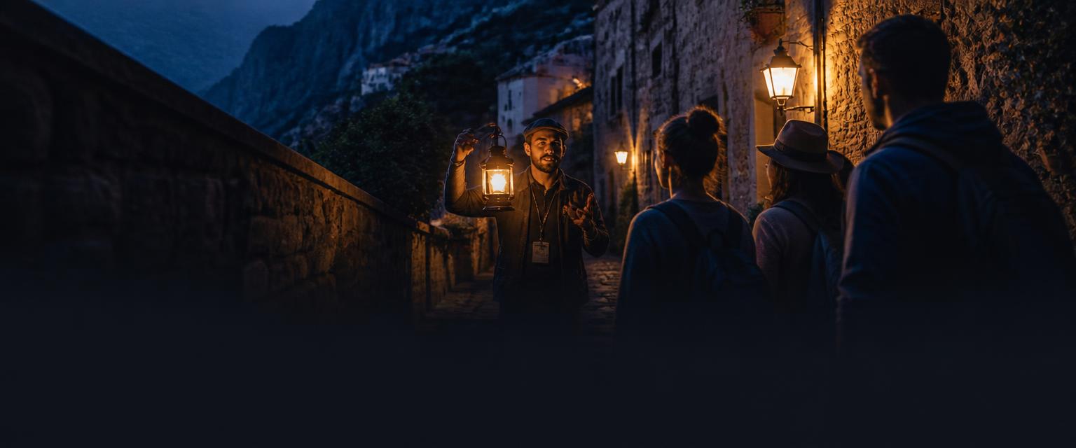 A guide leading travellers down a lantern-lit lane at dusk