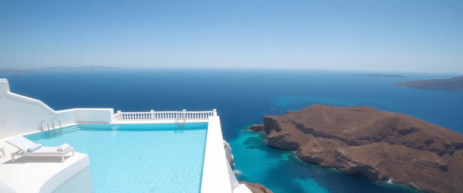 A bright cliffside resort pool terrace above a turquoise sea