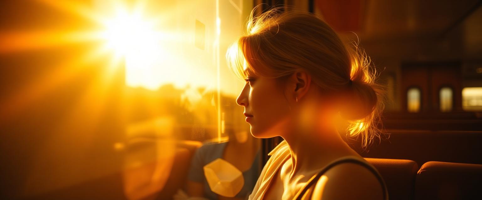 A traveller looking out of a train window in golden light