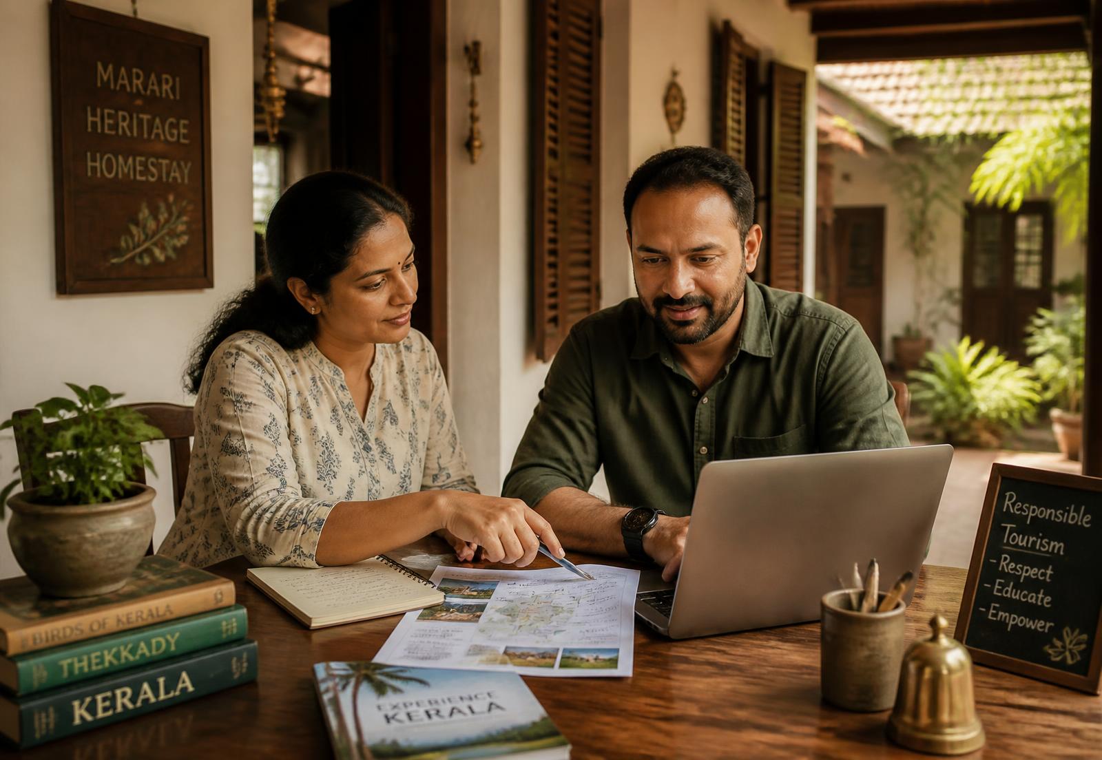 A Kerala homestay owner and a local tour operator planning an itinerary together at a wooden desk