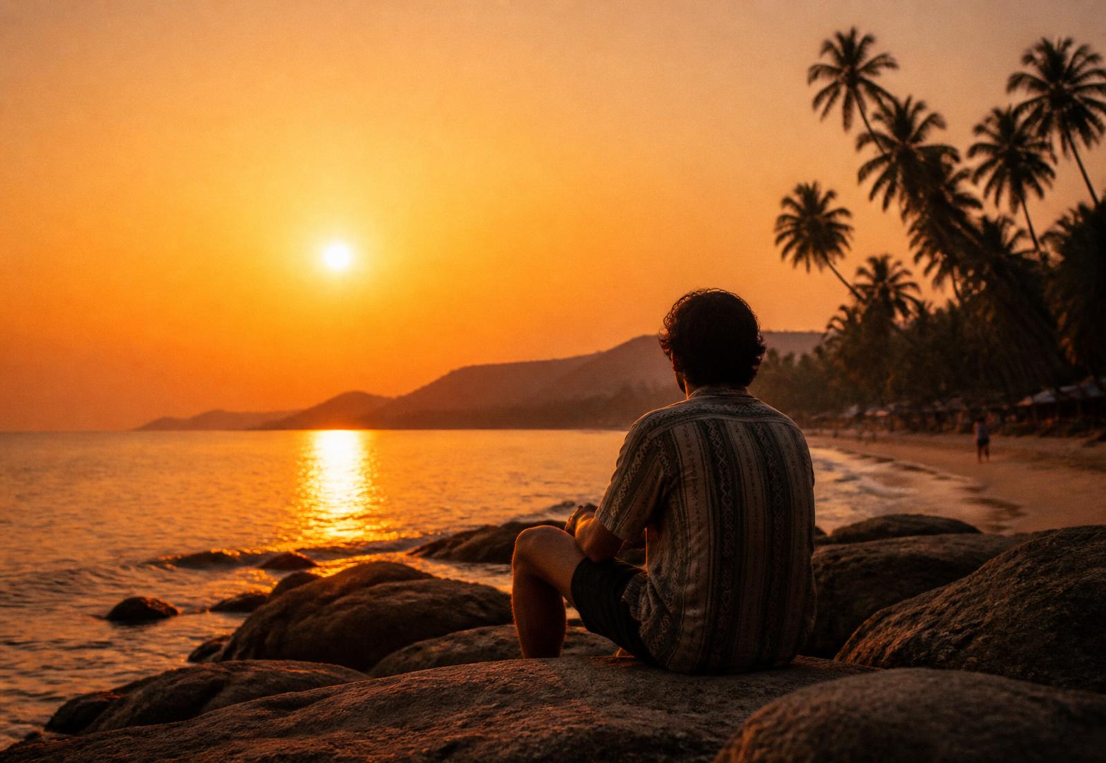 A traveller watching the sun set over the Arabian Sea from the rocks at Palolem, Goa