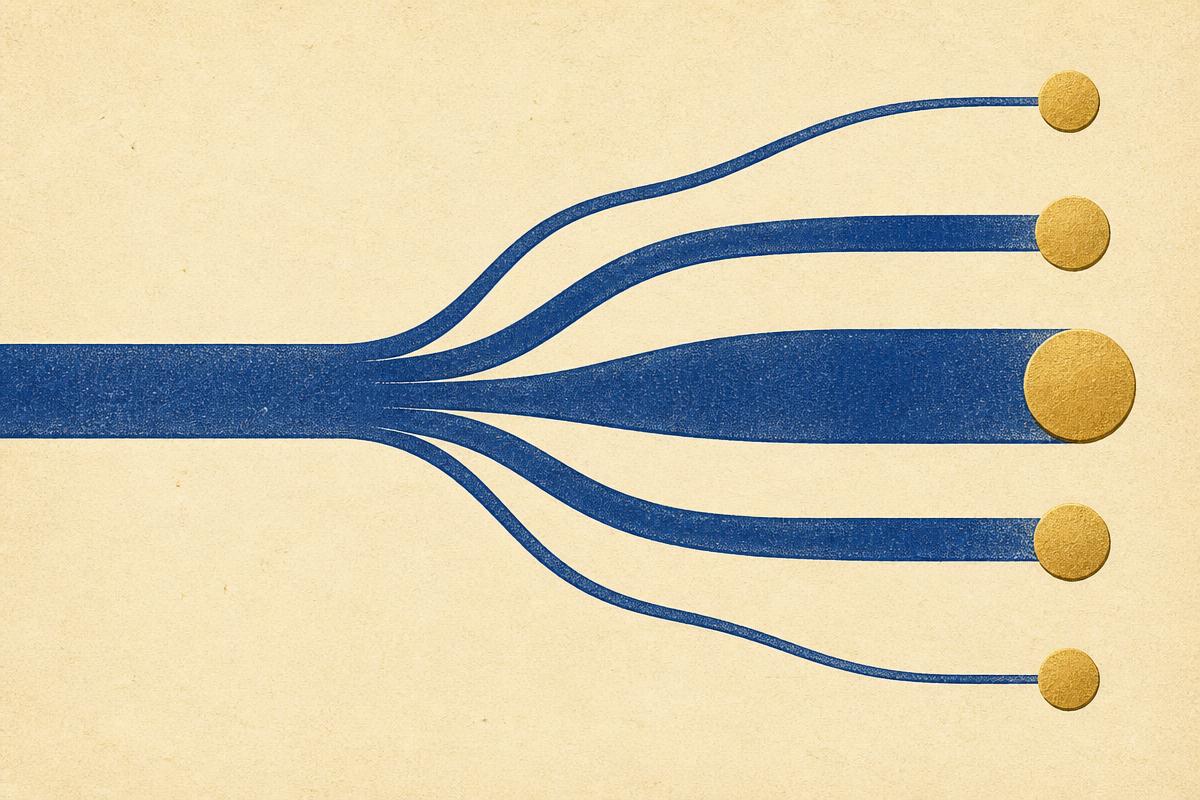 Abstract illustration of one payment stream splitting into several payout channels
