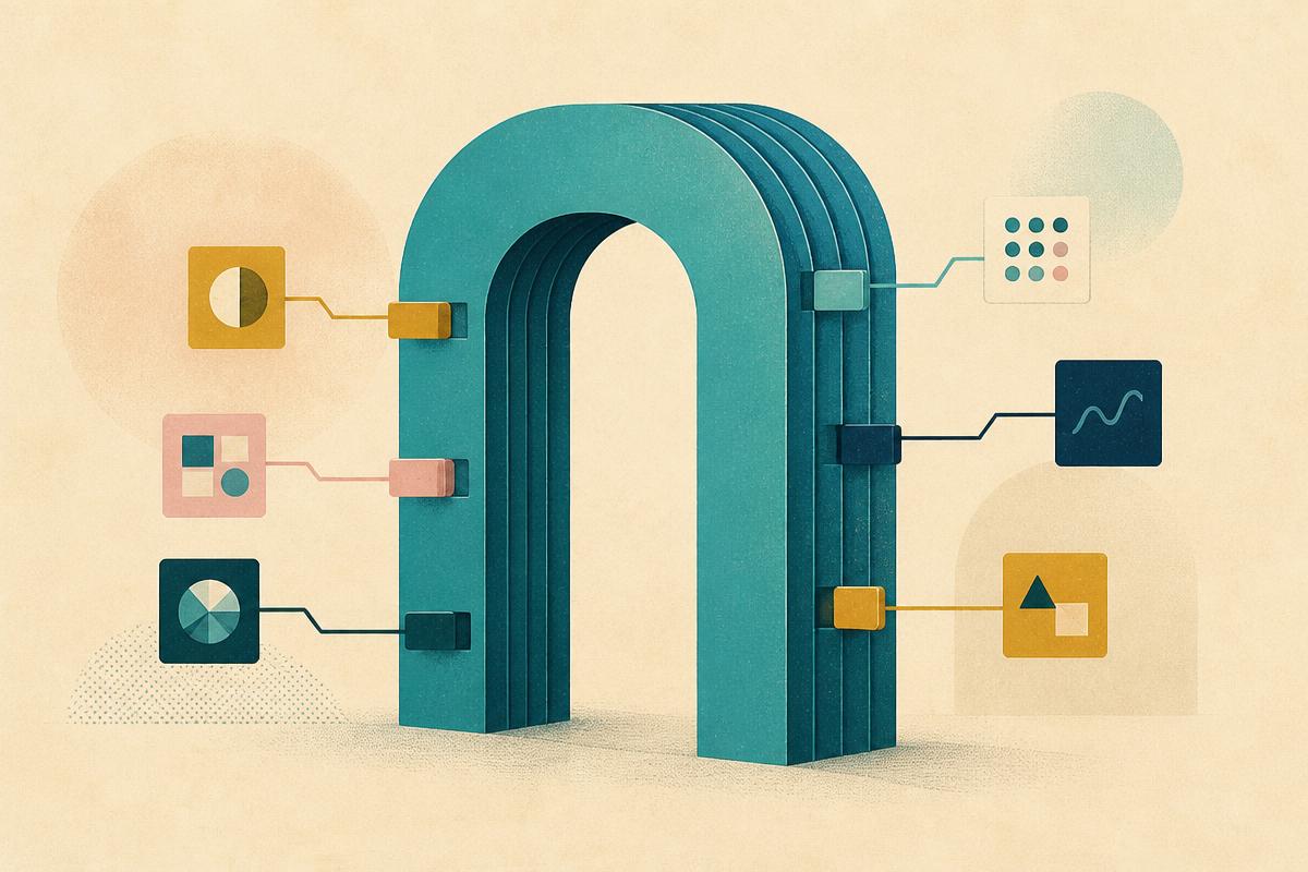 Abstract illustration of apps docking into a layered platform gateway
